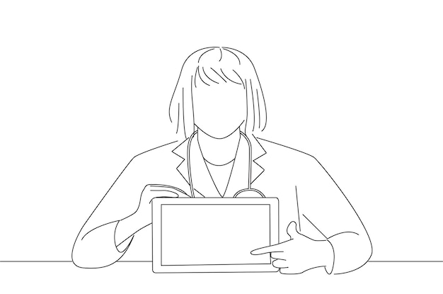 Профессиональный врач показывает планшетный компьютер в стиле художественного рисования Oneline