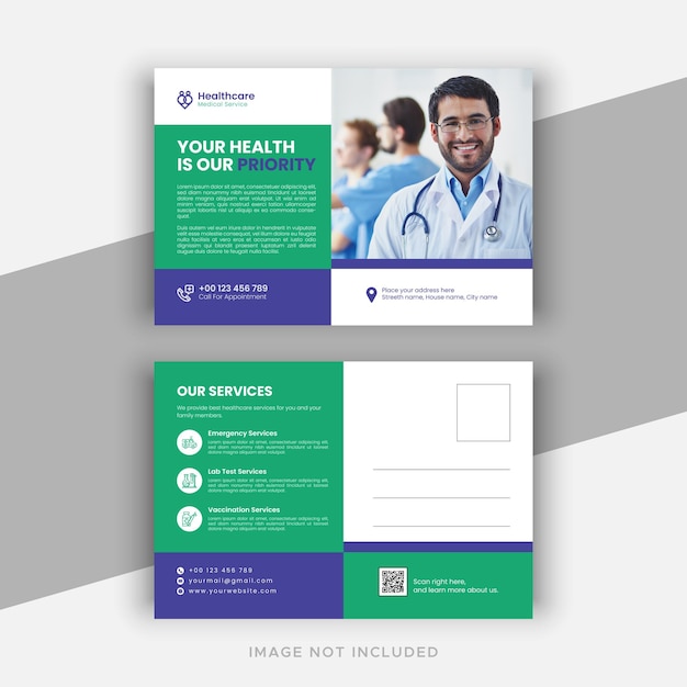 Vector professional medical postcard template design for a healthcare clinic