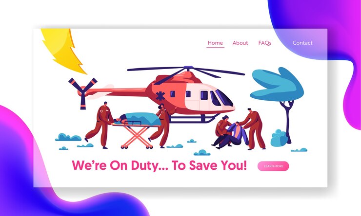 Vector professional medicine rescue landing page. paramedic urgent injured character flight by aviation copter to hospital for healthcare website or web page. flat cartoon vector illustration
