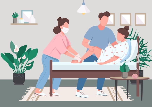 Professional midwifery flat color . alternative birth at home. natural labor. doula assistance. young couple during childbirth 2d cartoon characters with interior on background