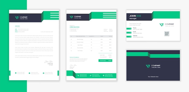 Professional modern corporate stationery design template bundle with letterhead and invoice