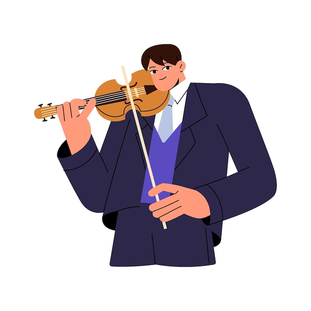 Vector professional musician play on stringed instrument violinist perform classic music performer hold violin fiddle bow symphony orchestra performance flat isolated vector illustration on white