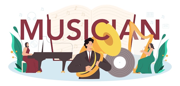 Vettore intestazione tipografica musicista professionista esecutore che suona musica con strumenti musicali musicisti di talento performance di jazz e rock band illustrazione piatta vettoriale