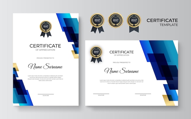 Modello di certificato blu navy professionale in stile premium. modello di certificato di apprezzamento con elemento decorativo dorato. diploma di design diploma, premio. illustrazione vettoriale