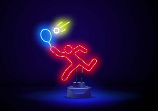 Professional neon tennis player illustration Light linear neon tennis player on a black background Tennis Game Equipment neon light sign vector Glowing bright icon Racket And Tennis Field