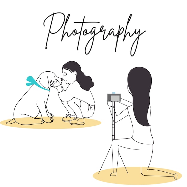 若い女性の写真を撮るプロの写真家。女性モデルの愛犬がカメラにポーズ