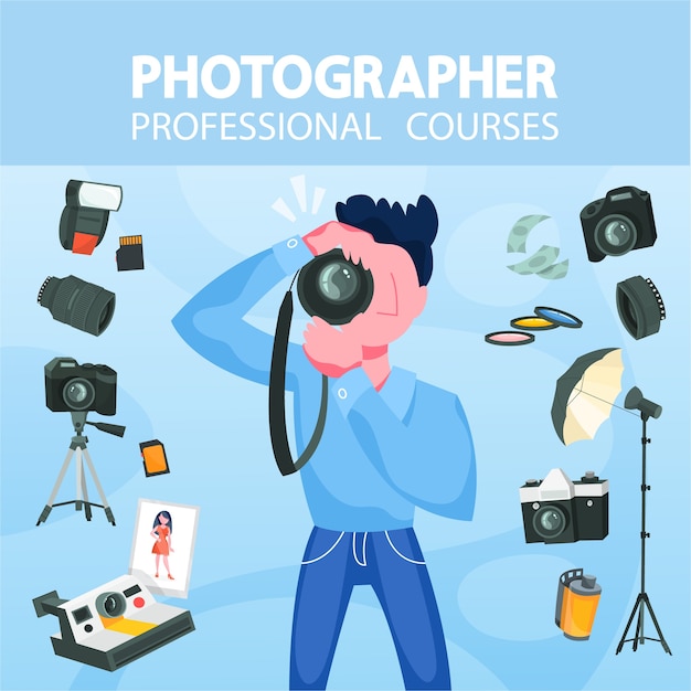 Vector professional photographer with camera. artistic occupation concept