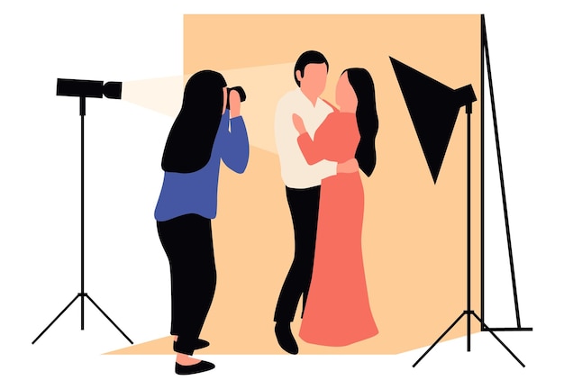 Vector professional photographers taking pictures men and woman models posing in professional photography