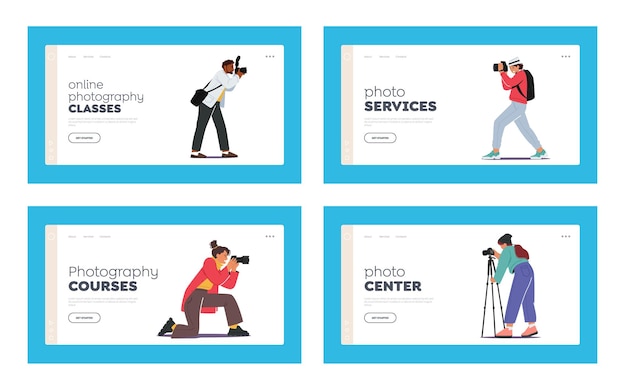Профессиональные фотографы с набором шаблонов целевой страницы фотокамеры. творческая профессия или занятие. персонажи фотографируются, делают фотоснимки. люди творческого хобби. мультфильм векторные иллюстрации