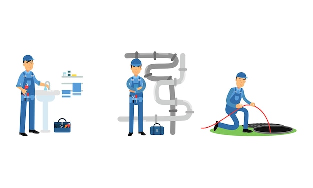 Vector professional plumber in blue uniform fixing sanitary and pipe line vector illustration set