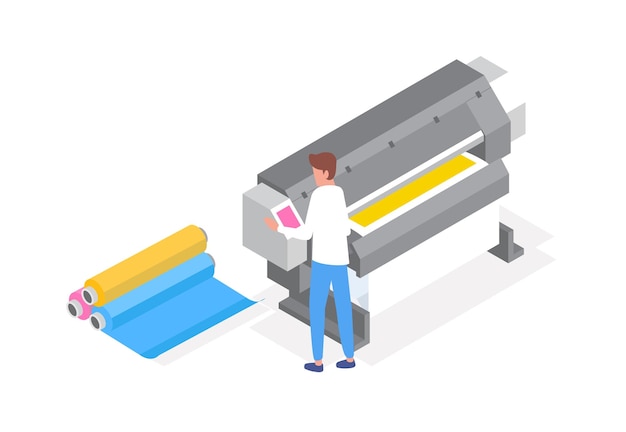 Профессиональный полиграфист. Мужской персонаж работает с плоттером. Оборудование типографии для широкоформатной бумаги. Изометрическая иллюстрация на белом фоне.