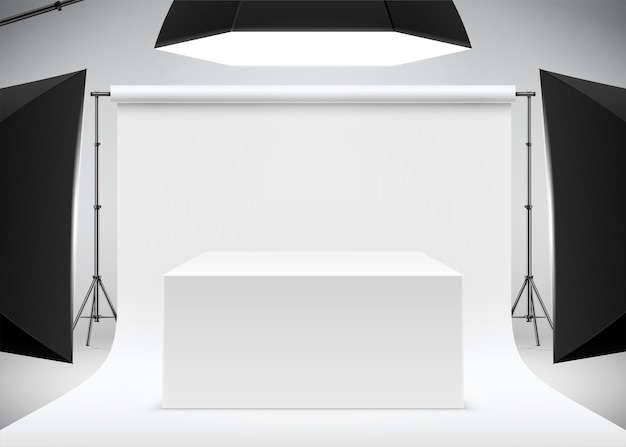 흰색 상자 테이블 현실적인 벡터 일러스트와 함께 전문 제품 사진 촬영 장면
