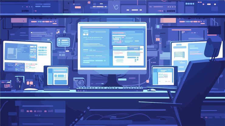 Vector professional programmer desktop with computer screen and code programming on monitor
