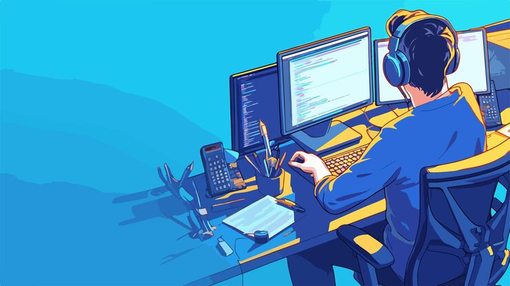 Vector 프로페셔널 프로그래머 데스크 컴퓨터 화면과 모니터에서 코드 프로그래밍