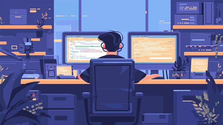 Vector professional programmer desktop with computer screen and code programming on monitor