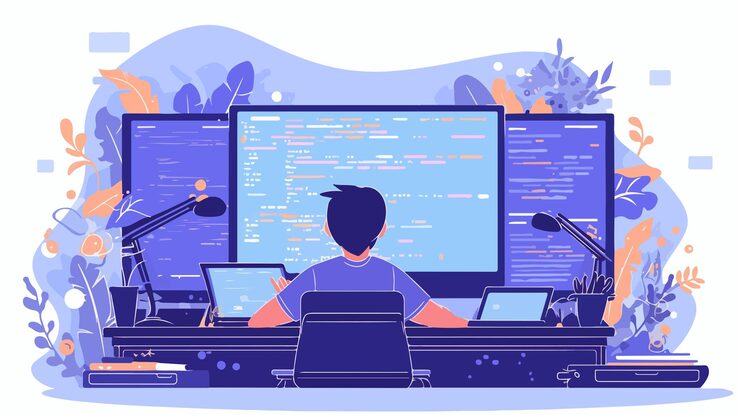 Vector professional programmer desktop with computer screen and code programming on monitor