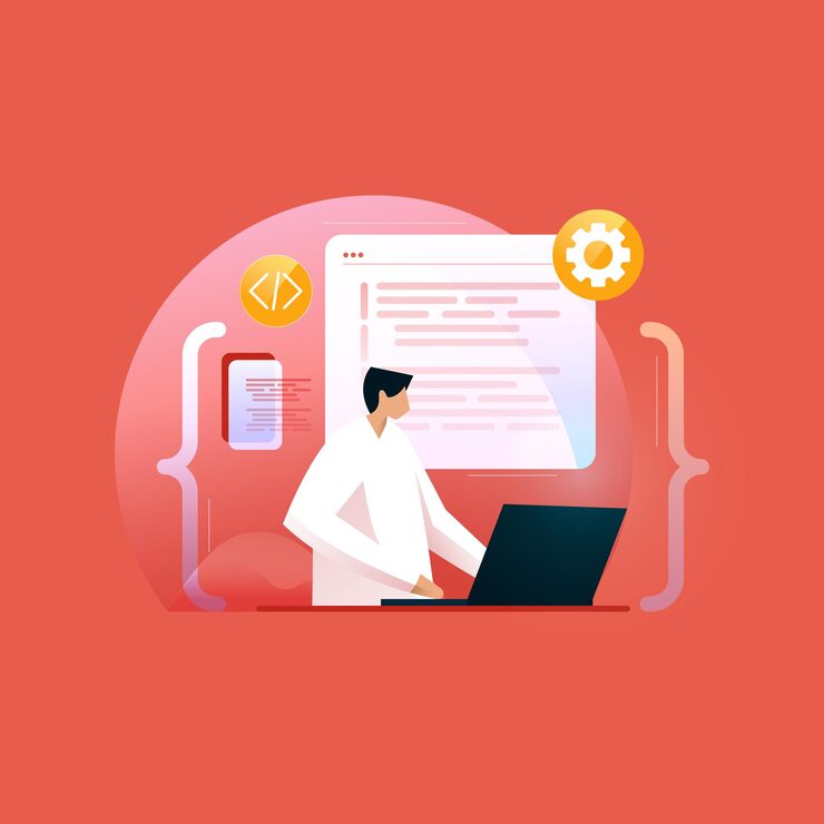 Vector professional programmer working on web designing, web developer with coding, software engineering