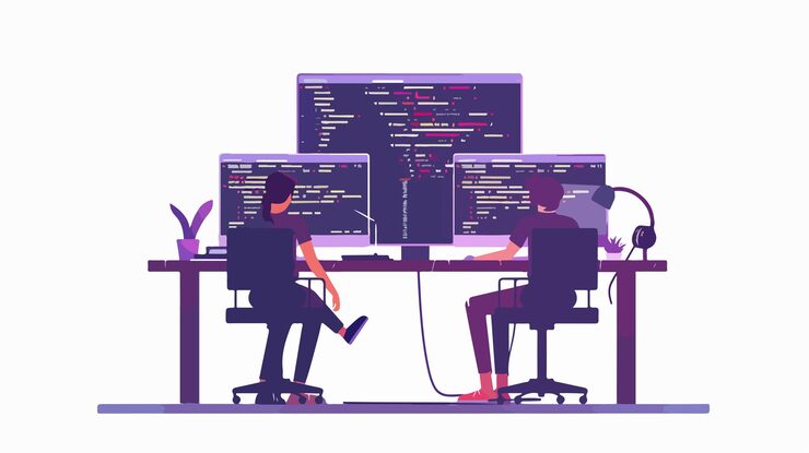 Vector professional programmers utilizing javascript programming language in tech environment