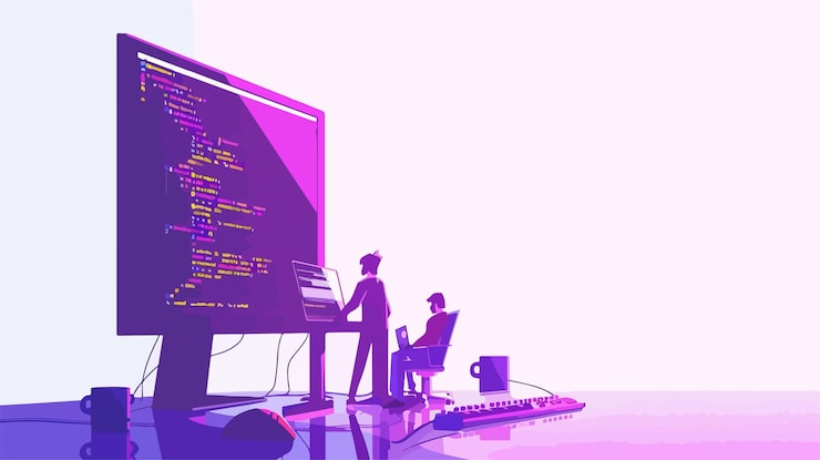 Vector professional programmers utilizing javascript programming language in tech environment