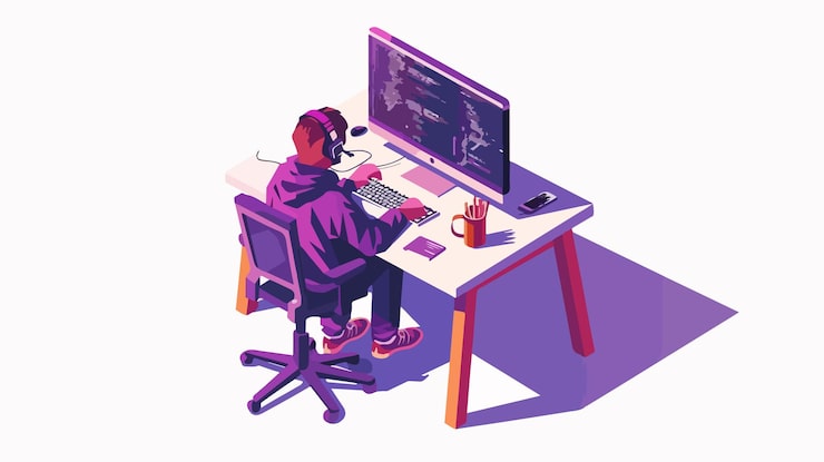 Vector professional programmers utilizing javascript programming language in tech environment