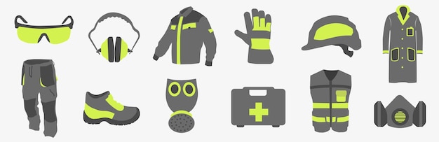 ベクトル 職業用の防護服 ブーツと安全ヘルメット 特殊な防護服の様々なアイテム