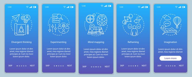 Professional qualities onboarding mobile app page screen vector template. HR soft skills. Imagination, experimenting, mind mapping. Walkthrough website steps. UX, UI, GUI smartphone interface concept