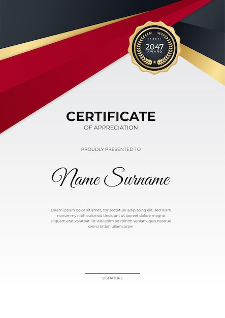 Modello professionale di certificato in oro nero rosso