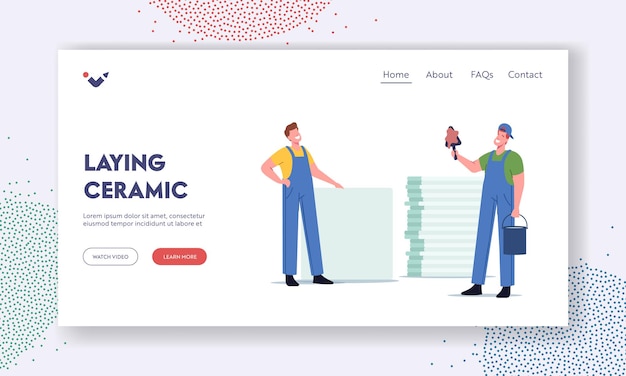 Professional repairman service landing page template. worker characters stand at pile of ceramic tiles for installing and laying construction works or maintenance. cartoon people vector illustration