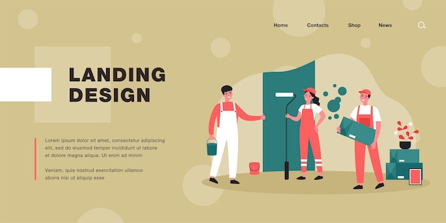 Professional repairmen repairing apartment. Wall, uniform, painting flat vector illustration. Renovation and repair service concept for banner, website design or landing web page
