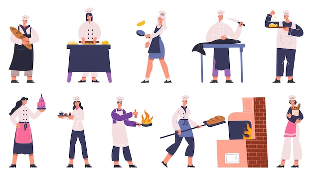 Personaggi di chef professionisti del ristorante che cucinano piatti gustosi. cuoco unico culinario che prepara alimento nell'insieme dell'illustrazione di vettore dell'uniforme bianca tradizionale. personaggi chef del ristorante preparazione professionale