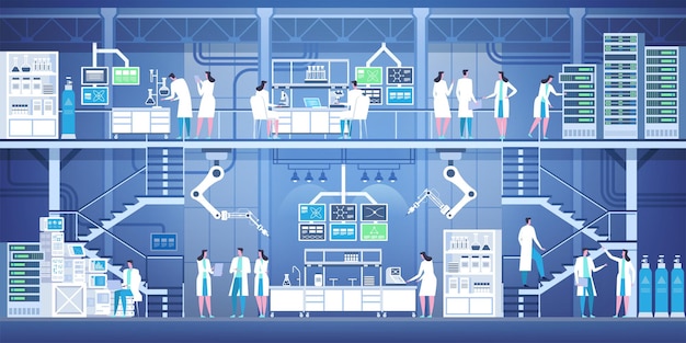 Профессиональные ученые в интерьере современной лаборатории.
