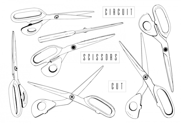 Le forbici professionali che tagliano i sarti hanno messo il disegno a tratteggio tagliare la carta, semplice forma di linea. grafica in bianco e nero.