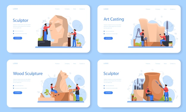 プロの彫刻家のウェブバナーまたはランディングページセット。大理石、木、粘土の彫刻を作成します。クリエイティブアーティスト。アートと趣味。