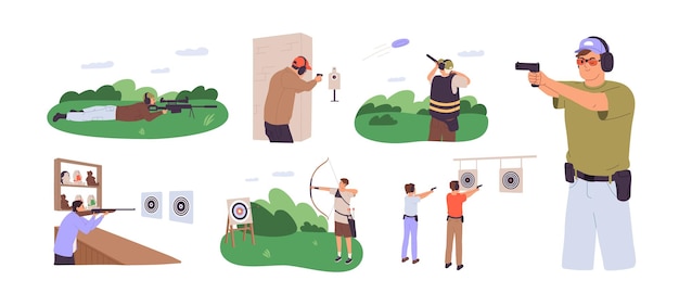 Professional shooters training on shoot range set People aiming in bullseye target aim with weapon gun rifle Person shoting by bow on shooting gallery Flat isolated vector illustrations on white