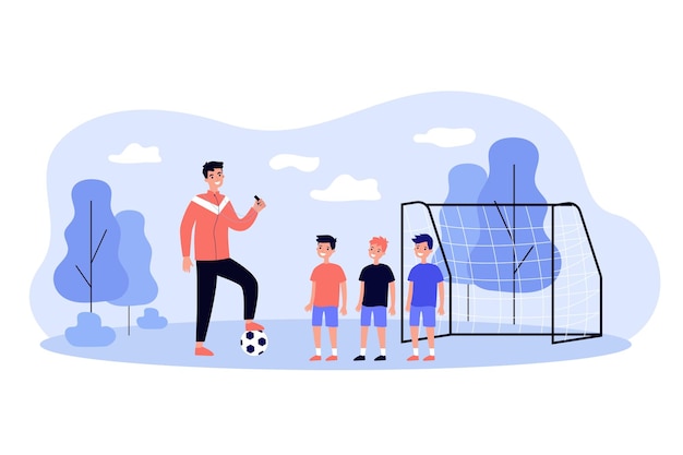 Professional soccer coach training little boys flat\
illustration. cartoon man stepping on ball and teaching kid players\
on field. sport game and football school concept