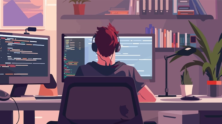 Vector professional software development man working with script for programming