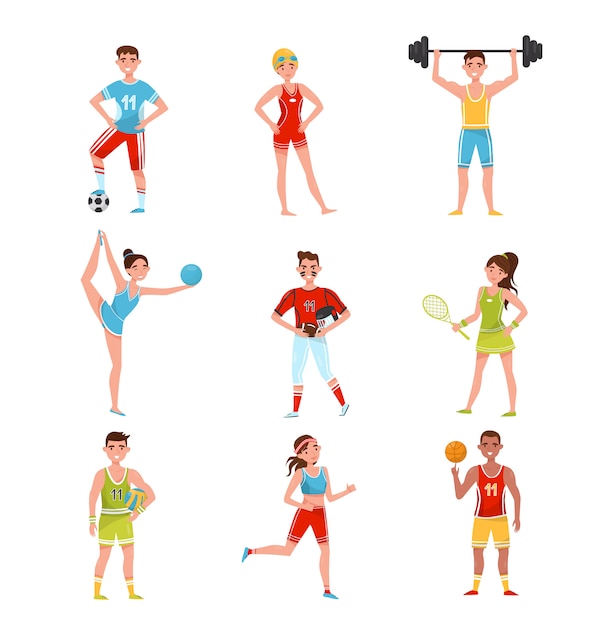 Set di sportivi professionisti, giocatori di calcio, baseball, pallacanestro, pallavolo, tennis e altri sport, illustrazione di concetto di stile di vita di sport attivo