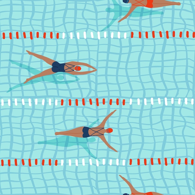 Professional sportswoman female athletes swimming in the pool seamless pattern top view pool track