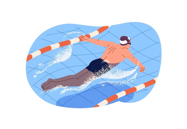 professional swimmer is training on lane in pool sportsman in goggles is swimming in breaststroke style athlete is racing on sports competition on water flat isolated vector illustration on white