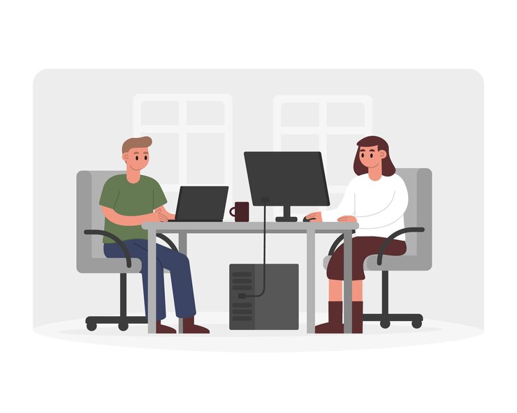 Vector professional team working on computers in office