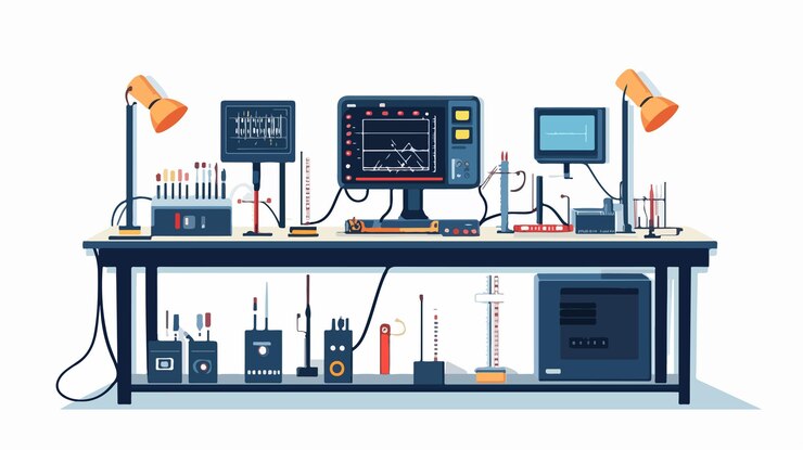 Vector professional technical equipment and devices on table with sensors