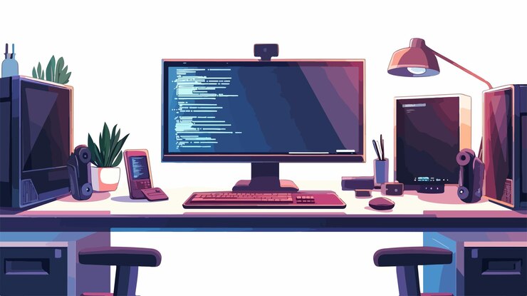 Vector professional technology support cartoon illustration with centered composition