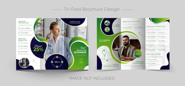 전문 Trifold 브로셔 템플릿 디자인 또는 창의적인 비즈니스 회사 프로필 책자 레이아웃