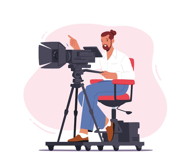 Vector professional videographer male character with camera record video