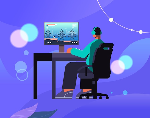Вектор Профессиональный виртуальный геймер, играющий в онлайн-видеоигры на своем персональном компьютере, киберспортсмен в наушниках, концепция киберспорта, полная длина, векторная иллюстрация