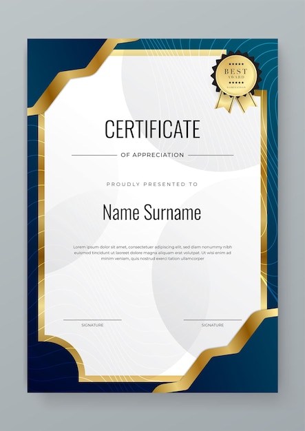 Professionale oro bianco e blu scuro certificato certificato di apprezzamento modello di progettazione