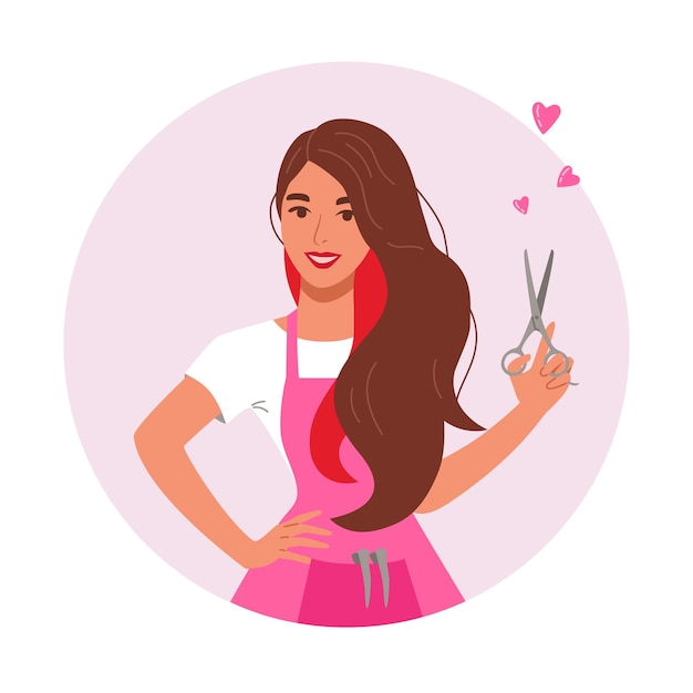 Vector professional woman hairdresser in apron with scissors in hand, beautiful hair stylist