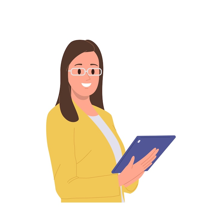 Vector professional woman secretary cartoon character with digital mobile tablet for work isolated on white