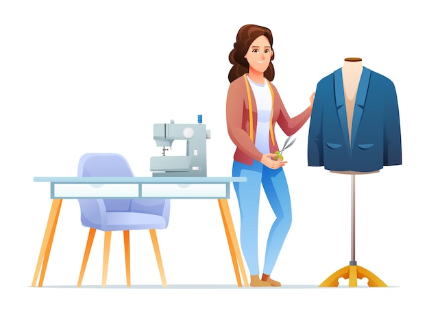 Vector professional woman tailor standing near the suit. fashion designer seamstress character illustration