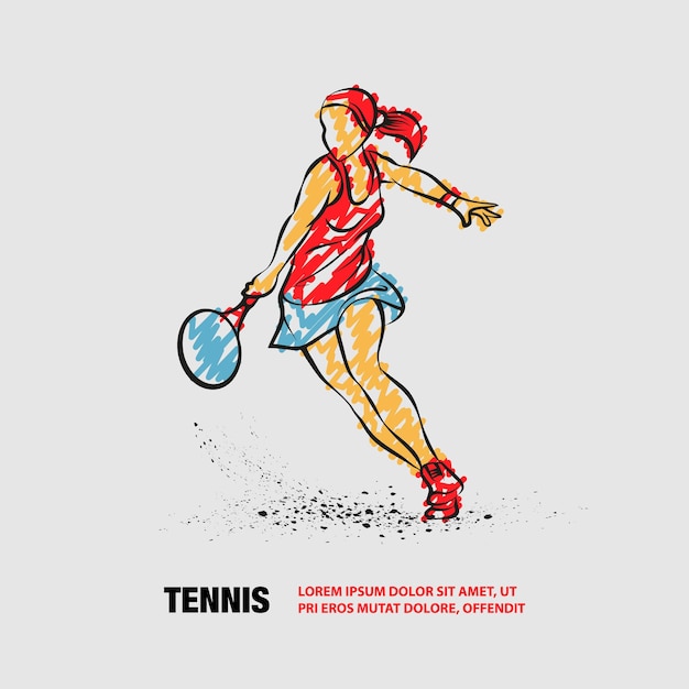 professional woman tennis player illustration vector outline of tennis player with scribble doodles style drawing